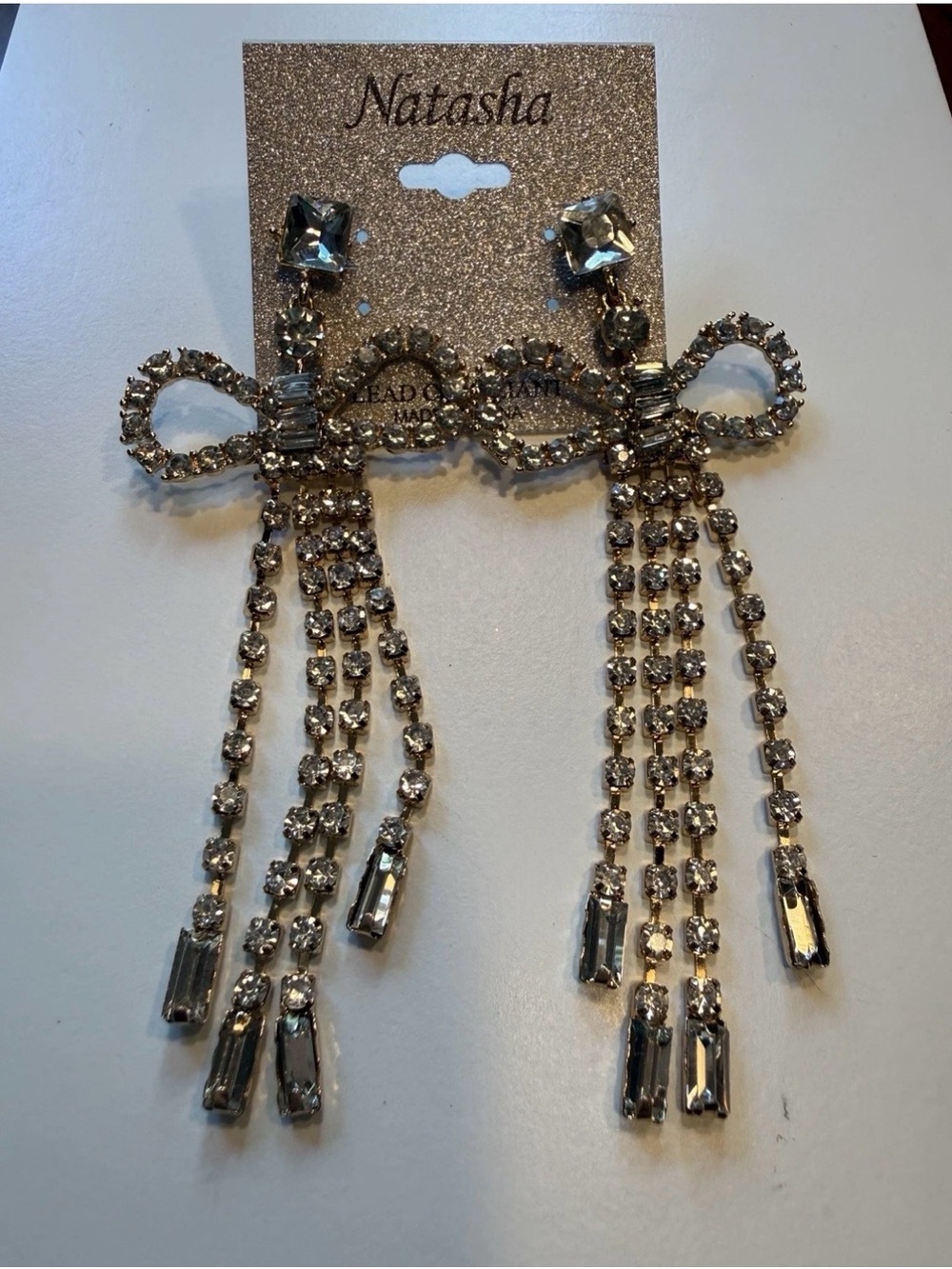Natasha Couture Silver Crystal Bow Fringe Hair Clips